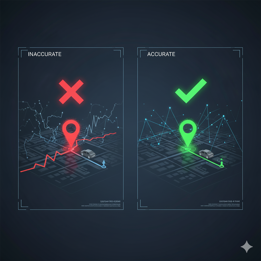 Visual comparison of inaccurate vs accurate GPS tracking on a digital map